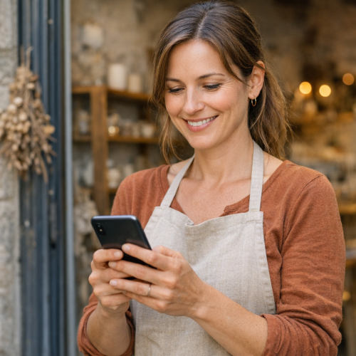 Commerçant à Angers gérant sa communication digitale sur smartphone